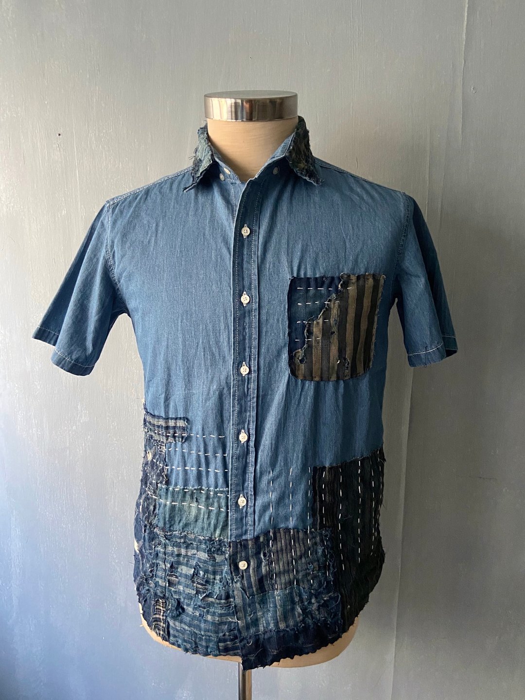 Boro 日本古布全手缝短袖恤衫 ( Size M ) - 男装衬衫 - 棉 