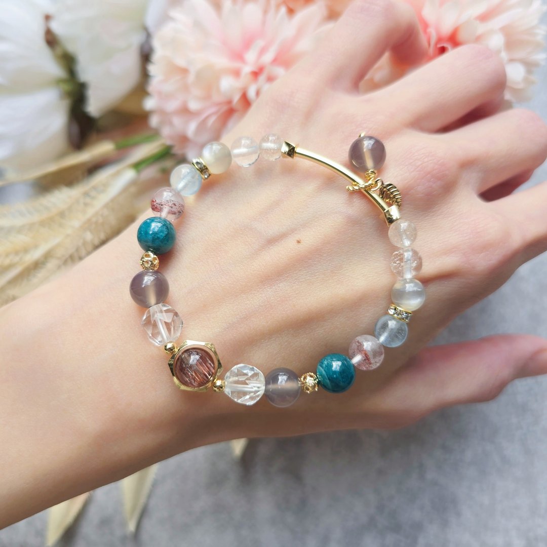 secure-黑铜钛.白水晶.烟紫玉髓.海蓝宝.蓝磷灰.金草莓.银月光.银 - 手链/手环 - 水晶 多色