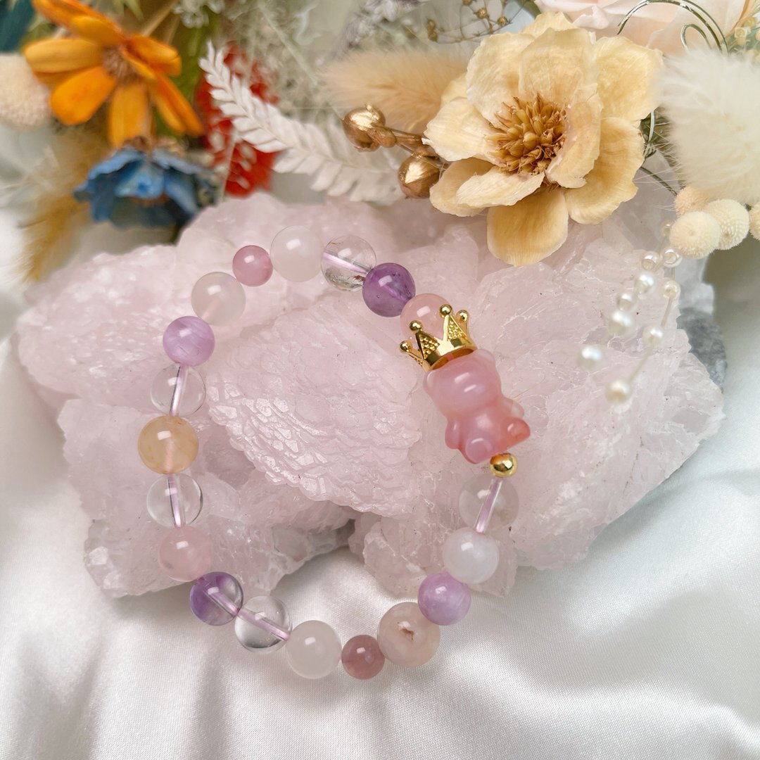 身心灵/贵人/健康-皇冠熊粉晶 紫晶 樱花玛瑙手链 - 手链/手环 - 水晶 