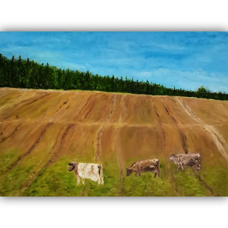 Cow Painting Landscape Original Art Animal Oil Painting Cow Wall Art Home Decor - 海报/装饰画/版画 - 棉．麻 多色