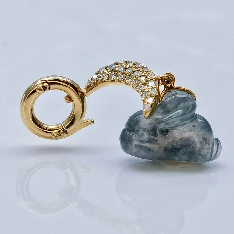 平安 - 18K黄金月兔钻石吊坠 - 黑翡翠 - 吊饰 - 宝石 