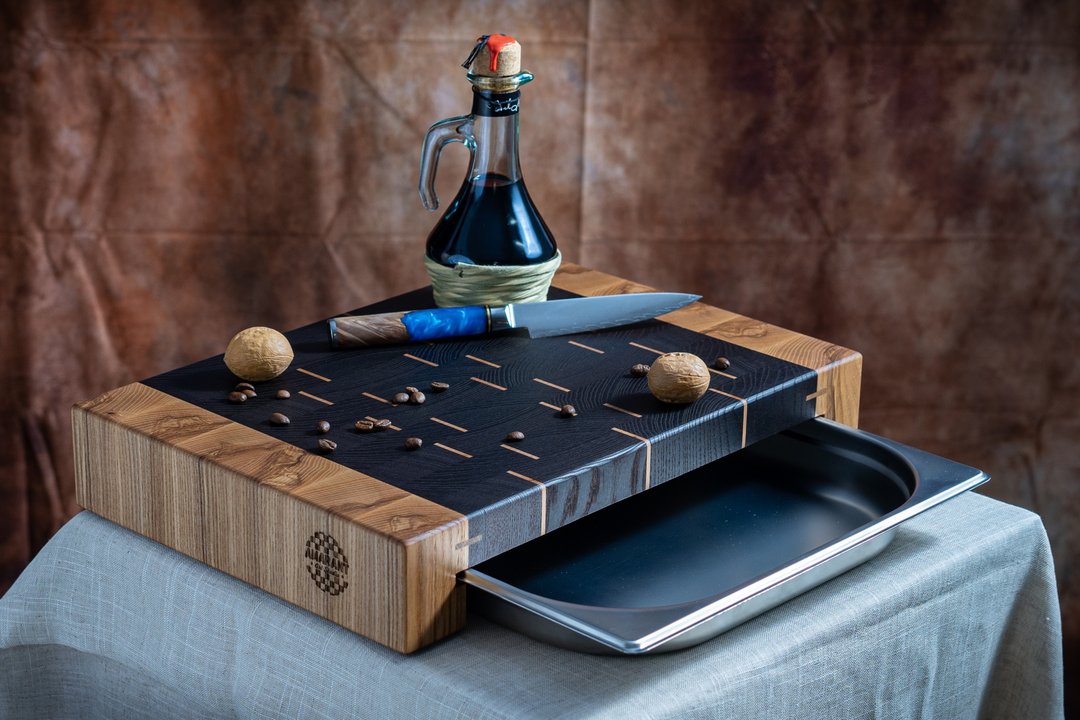 End grain cutting board with container, Wood cutting board with bowl - 托盘/砧板 - 木头 咖啡色