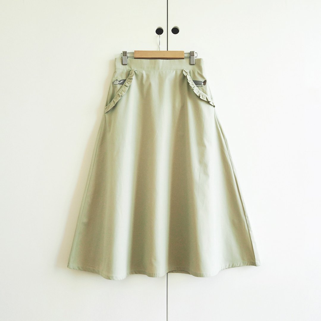 sleeping cat frill pocket skirt : lime cream - 裙子 - 棉．麻 绿色