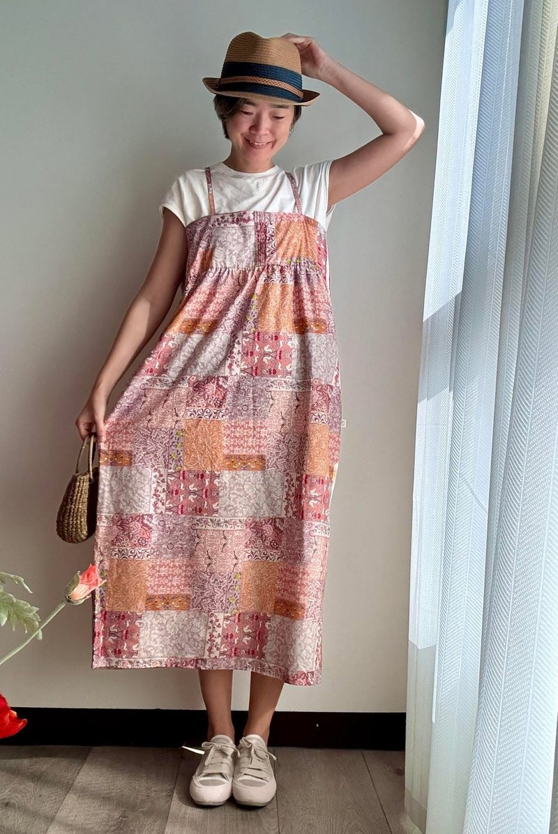 拼布感吊带洋装 - 洋装/连衣裙 - 棉．麻 卡其色