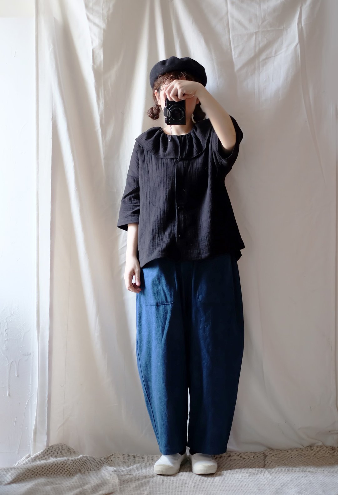 中厚磅牛仔 廓型低档宽裤 - 女装长裤 - 棉 蓝色