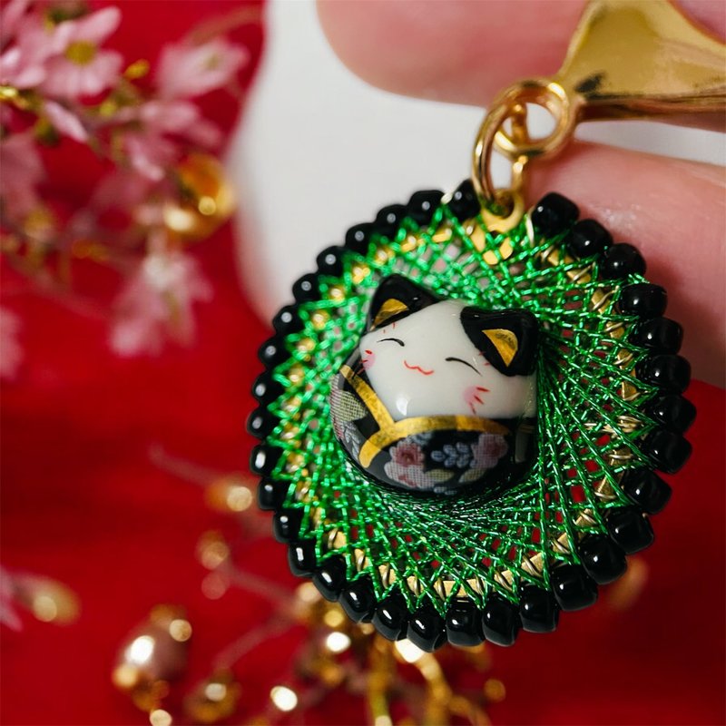 招财猫钥匙扣绿色几何图案和黑猫 - 钥匙链/钥匙包 - 绣线 绿色