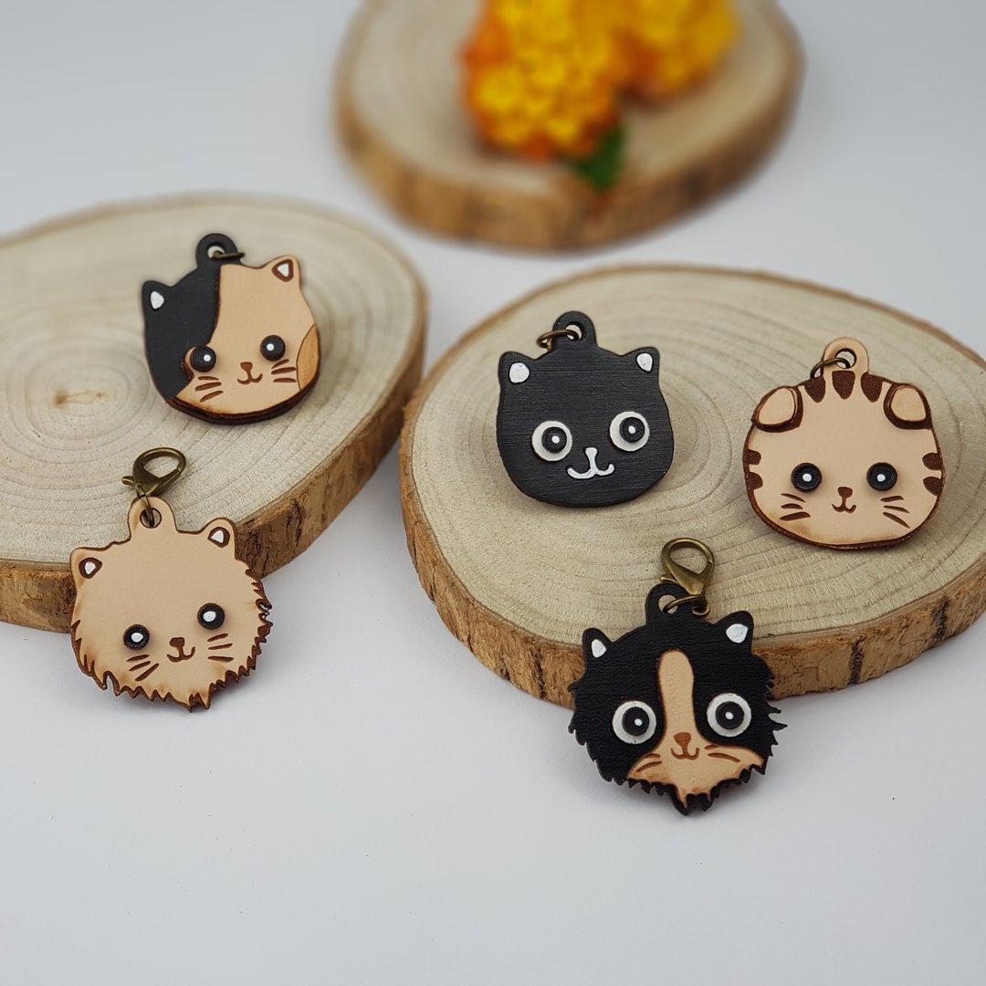 猫咪宠物头像吊牌 名牌 猫牌 姓名牌 多款猫咪品种可选 牛皮 定制 - 项圈/牵绳 - 真皮 橘色