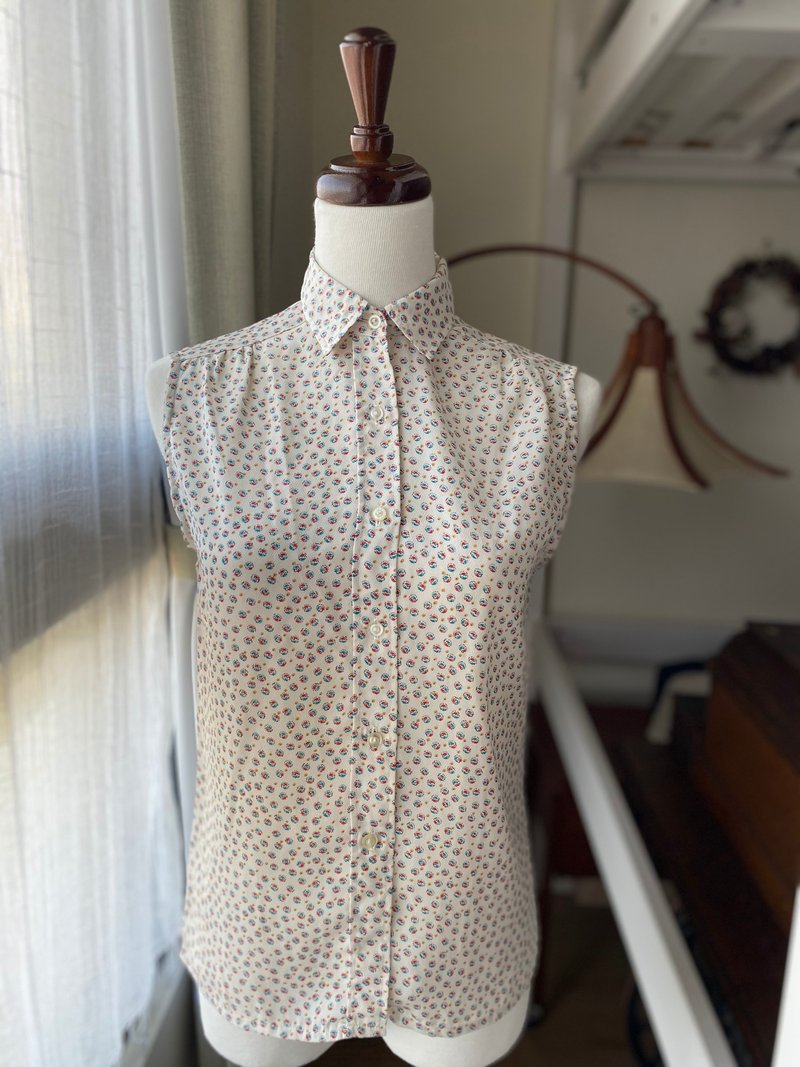 双图案休闲古着无袖衬衫 - 女装衬衫 - 聚酯纤维 白色