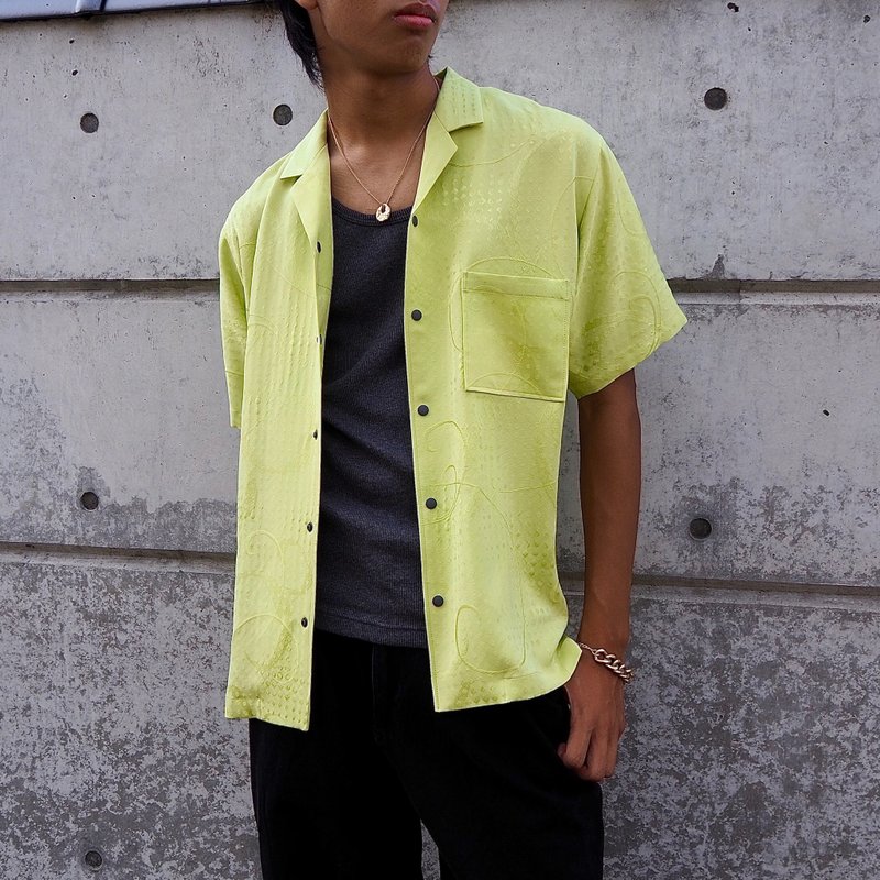 【日本制造】复古丝绸和服复刻版、男士 ML 衬衫、半袖、按扣 - 男装衬衫 - 丝．绢 绿色