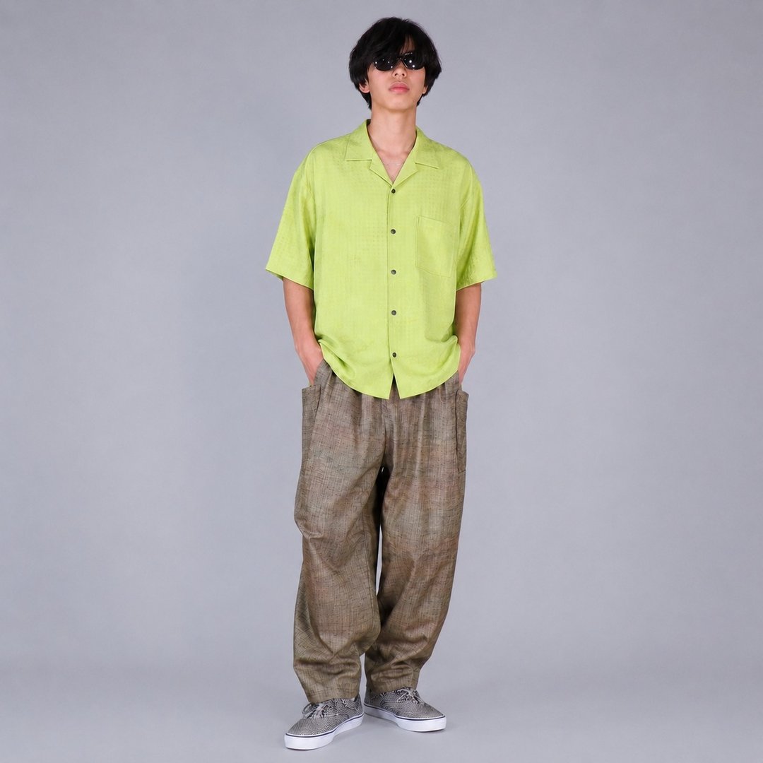 【日本制造】复古丝绸和服复刻版、男士 ML 衬衫、半袖、按扣 - 男装衬衫 - 丝．绢 绿色