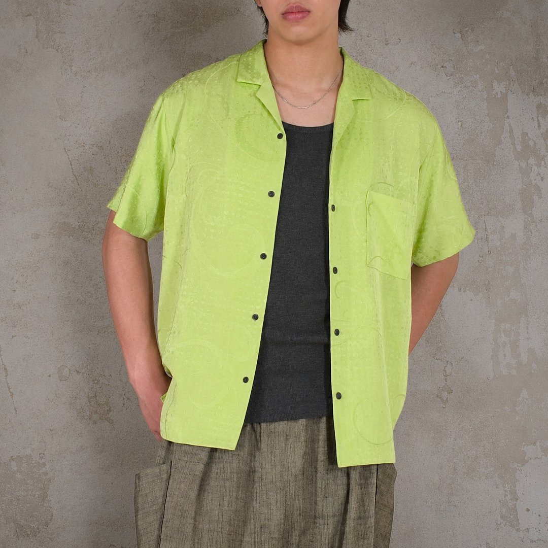 【日本制造】复古丝绸和服复刻版、男士 ML 衬衫、半袖、按扣 - 男装衬衫 - 丝．绢 绿色
