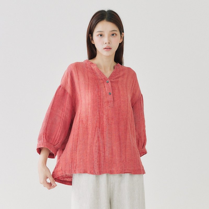 【Simply Yours】亚麻洗旧上衣 橘红F - 女装上衣 - 棉．麻 红色