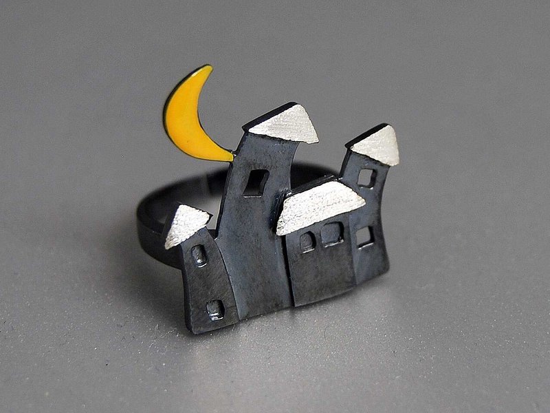 纯银氧化黑月亮开口可调节戒指 夜幕下的村庄 设计生日表白爱情纪念日礼物 R 037  | 希腊原创手工饰品 This and That - 戒指 - 其他金属 