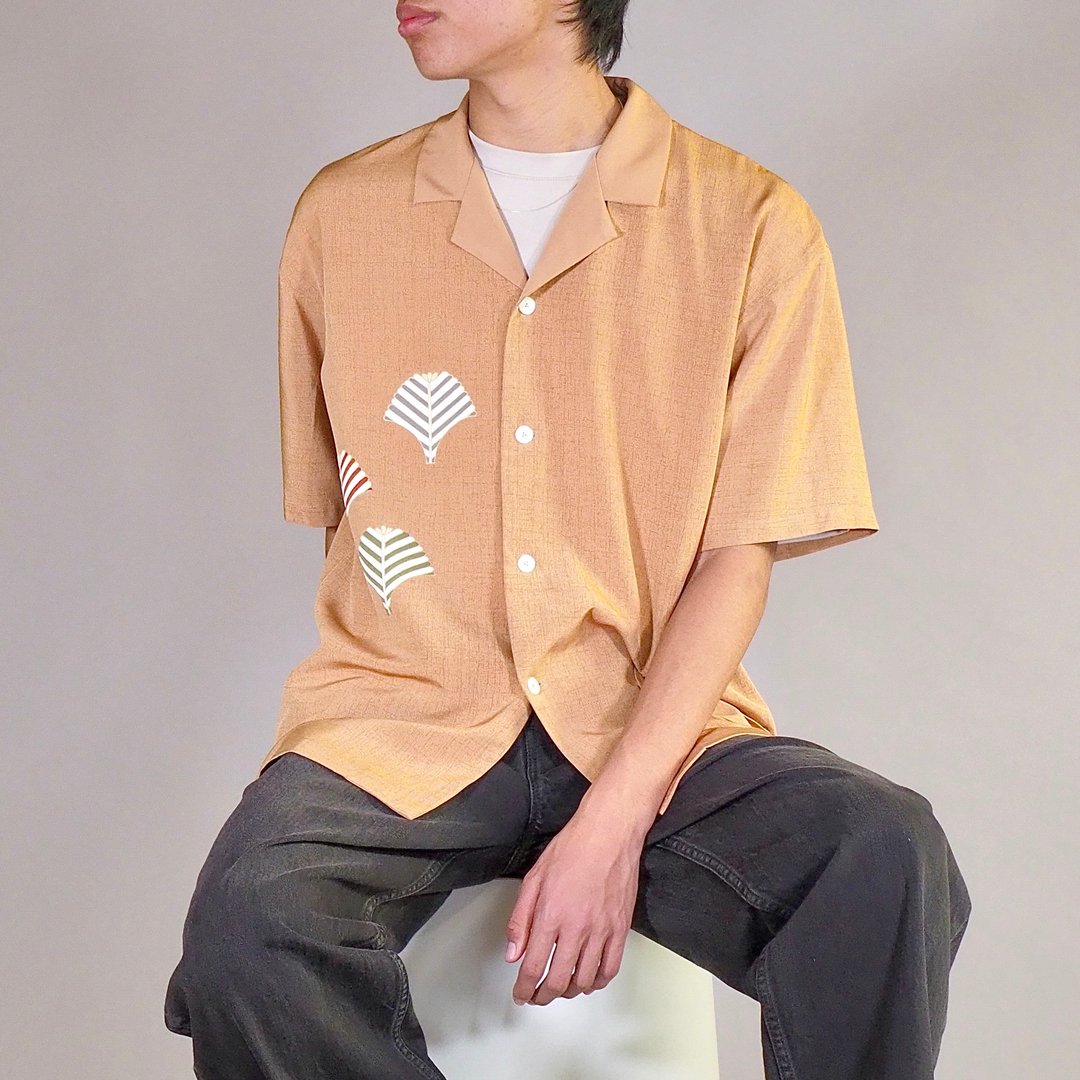 【日本制造】复古丝绸和服翻拍、男士衬衫 L、半袖衬衫 - 男装衬衫 - 丝．绢 橘色