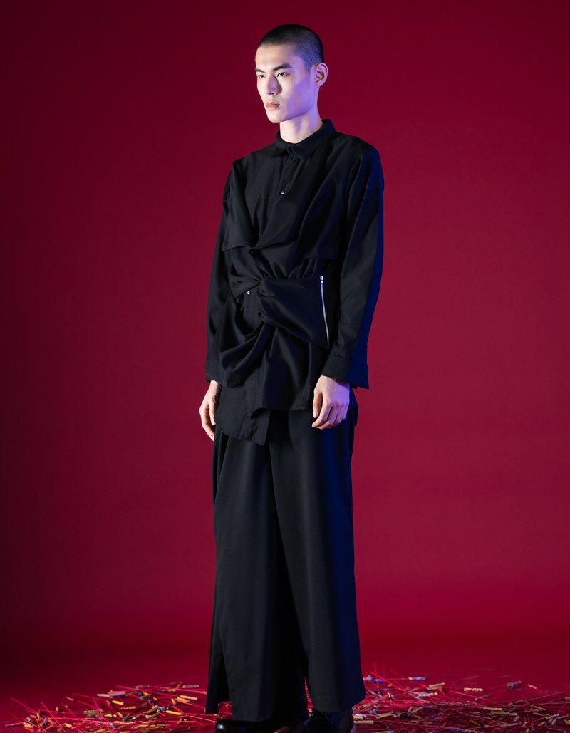 长袖衬衫/解构镂空马甲/23SS-INF - 男装衬衫 - 棉．麻 黑色