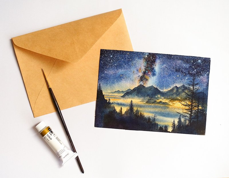 水彩手绘星空夜景卡片(原作含木框) - 海报/装饰画/版画 - 纸 蓝色