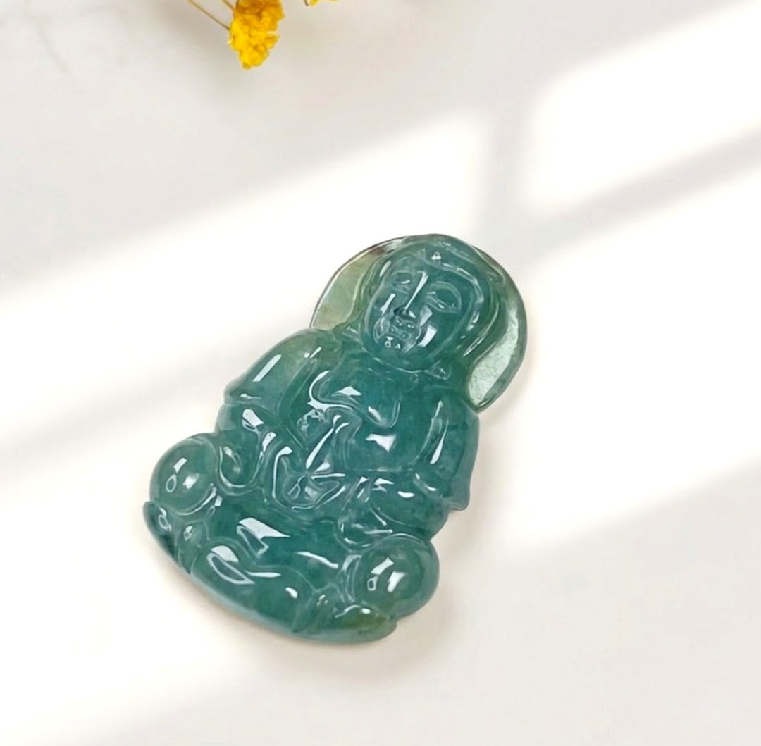 冰种蓝水翡翠宝瓶观音菩萨 | 天然翡翠 A 货 | 送礼 - 项链 - 玉石 绿色
