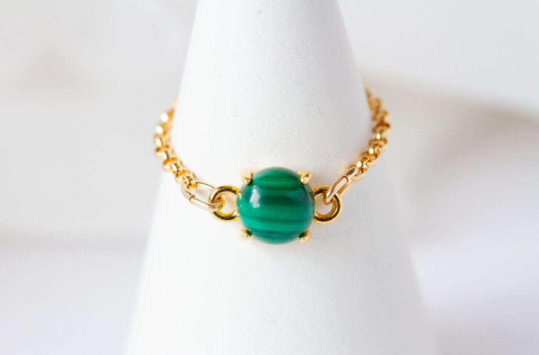 高品质孔赛石 圆形素面链戒 镀金 Malachite Rings - 戒指 - 半宝石 绿色