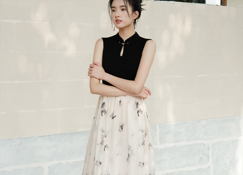 【杏墨】新中式复古中国风 拼接A摆/水滴立领背心裙 - 女装背心 - 其他材质 黑色