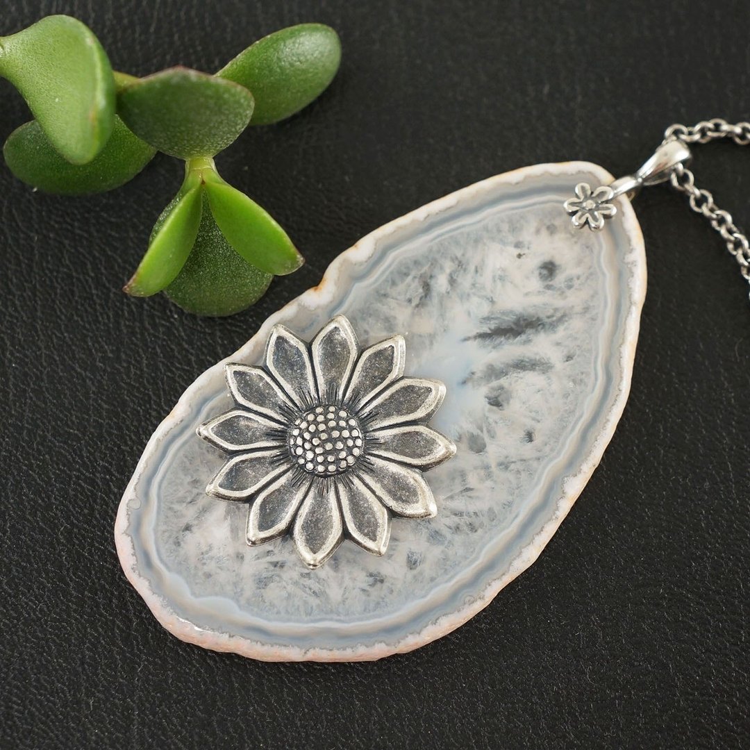 Clear White Agate Slice Slab Silver Flower Floral Pendant Necklace Jewelry Gift - 项链 - 半宝石 白色