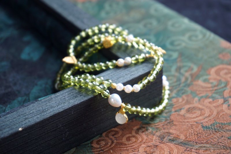 天然原矿 橄榄石水晶 天然珍珠 设计多圈手串 项链fs - 手链/手环 - 水晶 绿色