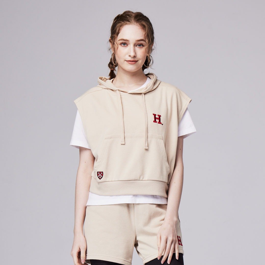 NCAA-佛大学Harvard精致绣花Logo连帽短背心-卡其 - 女装背心 - 棉 