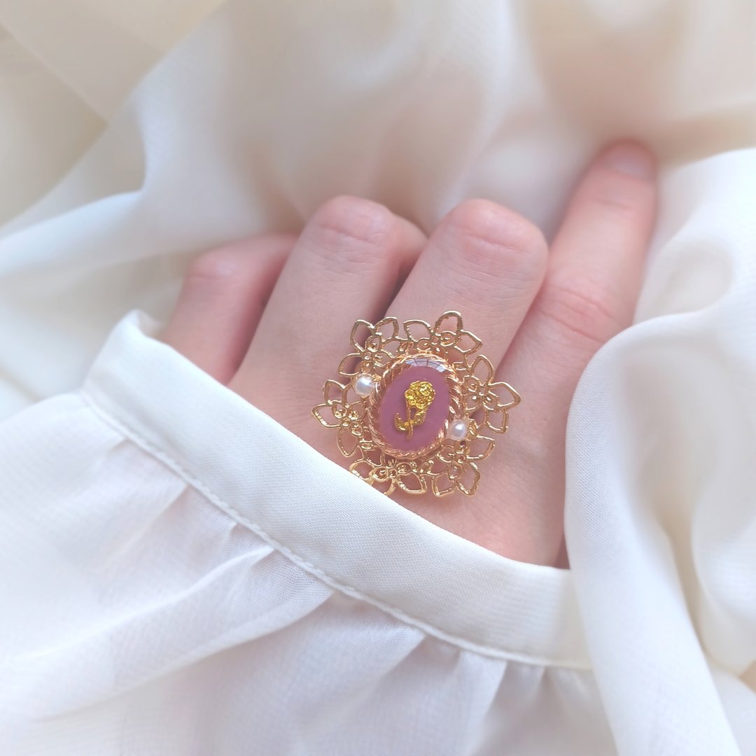 Vintage Frame Rose Ring No.01 (Rose Pink Free Size) - 戒指 - 树脂 粉红色