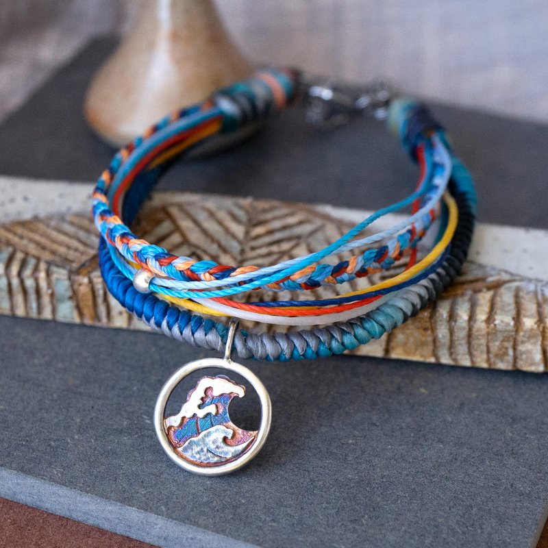 浮世绘海浪【迷你海浪】925纯银坠编蜡线编织手链 送礼 潜水 冲浪 - 手链/手环 - 纯银 银色