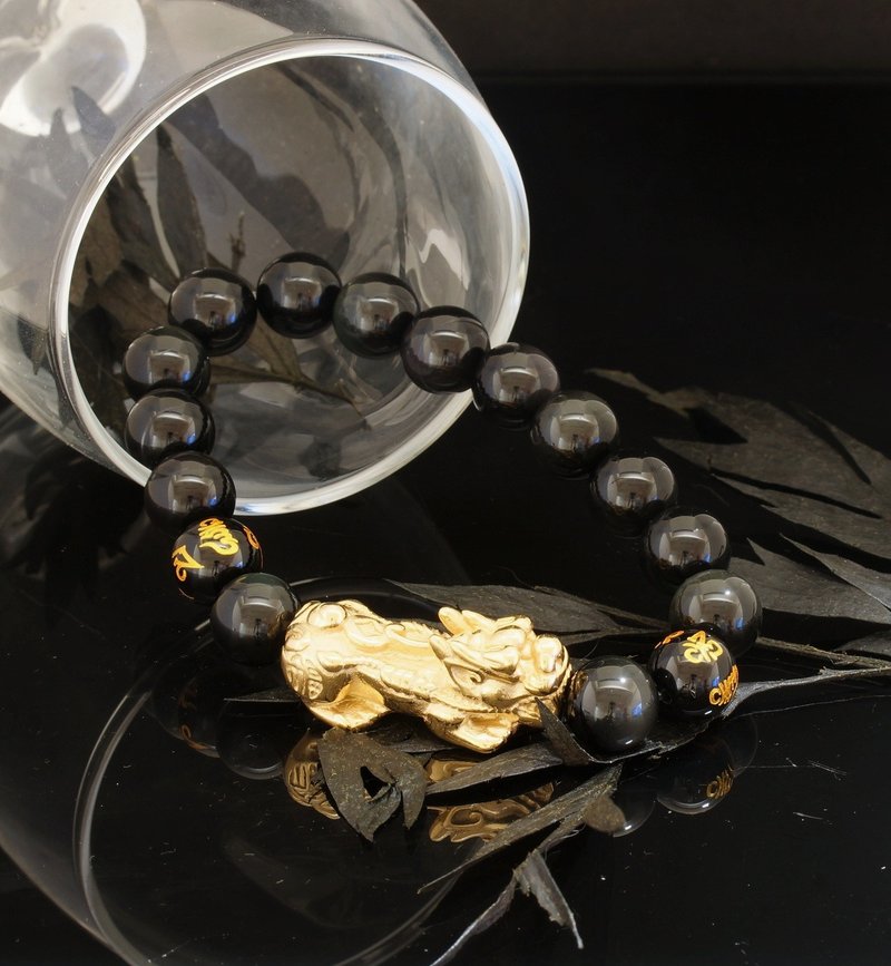 六字大明咒 10mm 黑曜石 + 精钢貔貅手链 - 手链/手环 - 半宝石 
