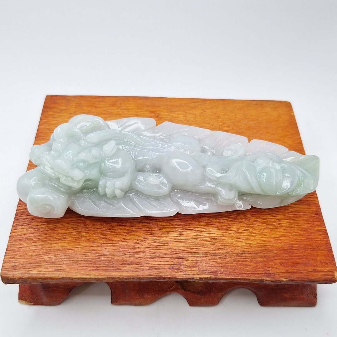 温润老种蓝水手工雕刻貔貅与树叶摆件 |天然缅甸玉A货翡翠 - 摆饰 - 玉石 