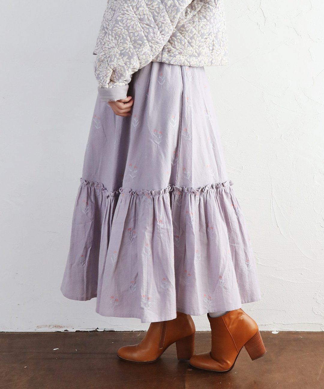 Ant embroidery one-step tiered skirt - 裙子 - 棉．麻 紫色
