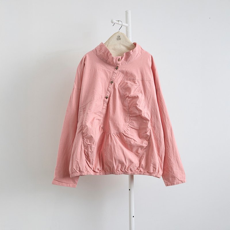 小圆抓皱半开襟上衣 - 女装上衣 - 其他人造纤维 粉红色