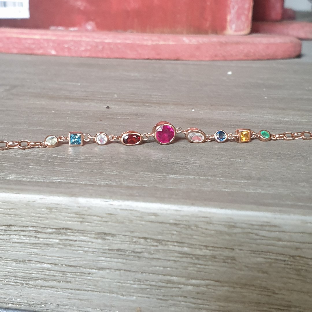 Lucky nine gemstones bracelet, Silver 925 rose gold plated case - 手链/手环 - 宝石 多色