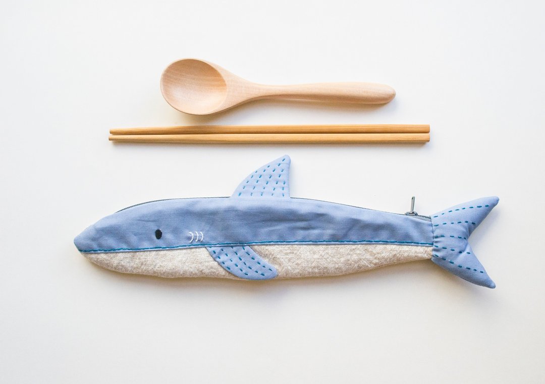鯊魚 Shark travel cutlery pouch - 筷子/筷架 - 棉 灰色