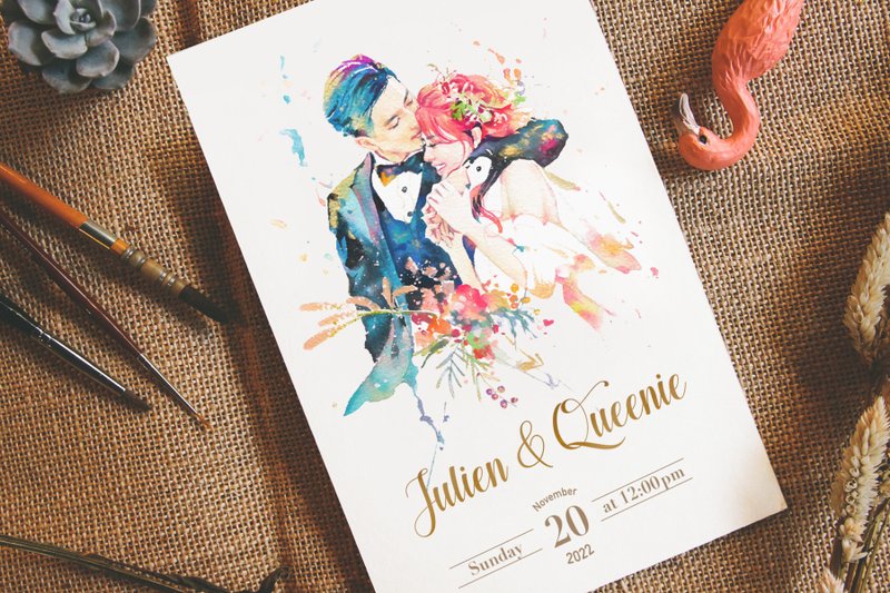 定制婚礼喜帖设计 | 婚礼邀请卡 婚卡 谢卡 似颜绘 啾吉水彩人像 - 喜帖 - 纸 红色