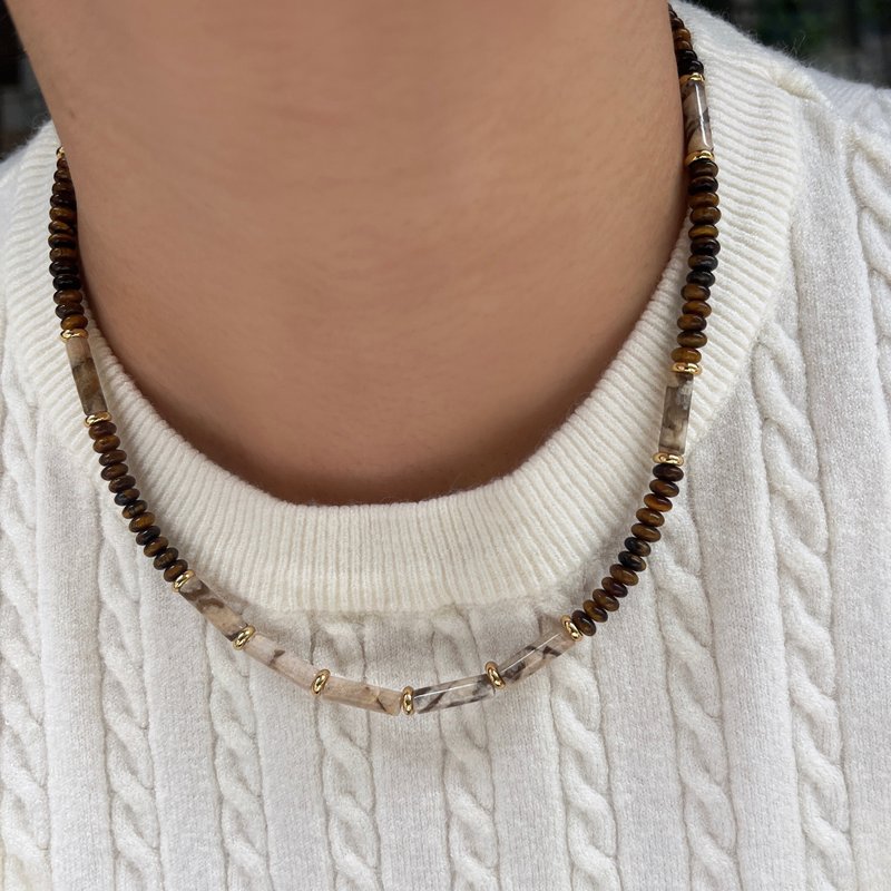 法式度假风 天然虎眼石串珠项链 礼物 - 项链 - 水晶 咖啡色