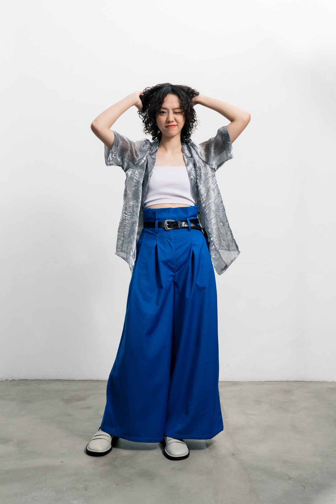 皱褶高腰长裤 Paper-bag Waist Trousers - 女装长裤 - 棉 蓝色