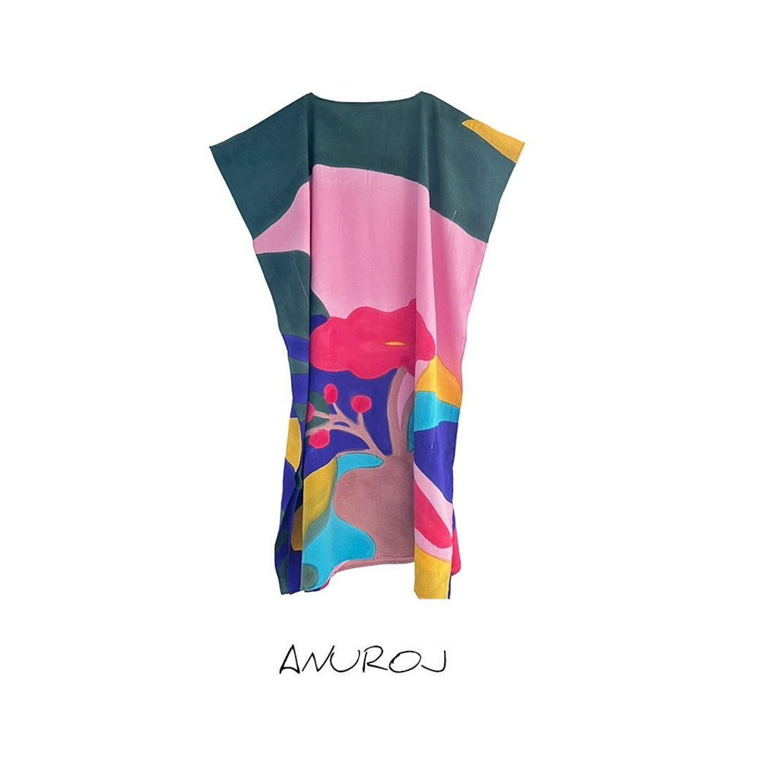 Hand Painted Cotton Silk Kaftan for Summer Resort Vacation F - 洋装/连衣裙 - 棉 粉红色