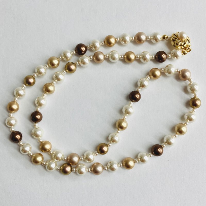 玻璃珍珠混色长项链 / 8mm 约60cm / 棕色x米色混搭 / G / 日本制造 - 项链 - 玻璃 咖啡色