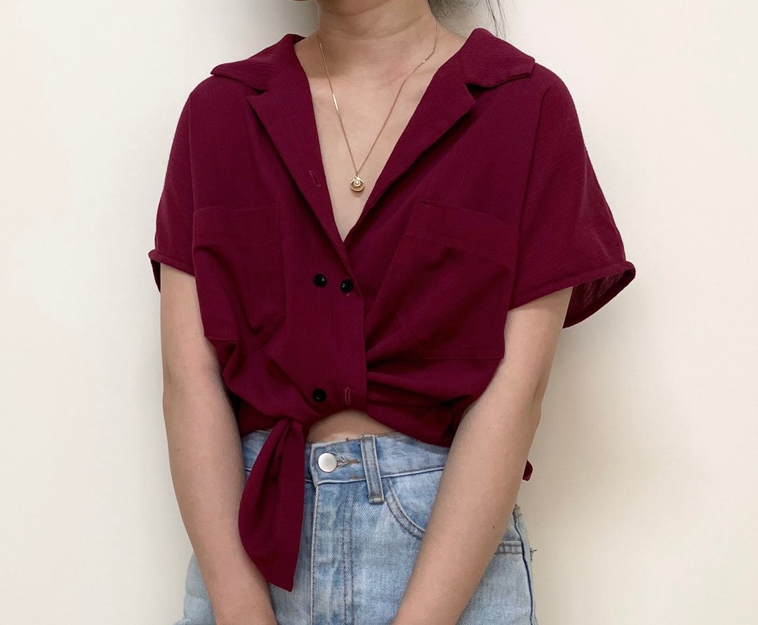 棉麻双排扣包袖衬衫 - 女装衬衫 - 棉 