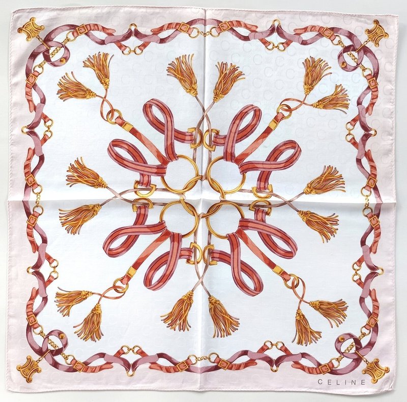 Celine 古董丝巾 提花织标 珠宝 - 马术元素 23 x 23 英寸 - 丝巾 - 棉．麻 粉红色
