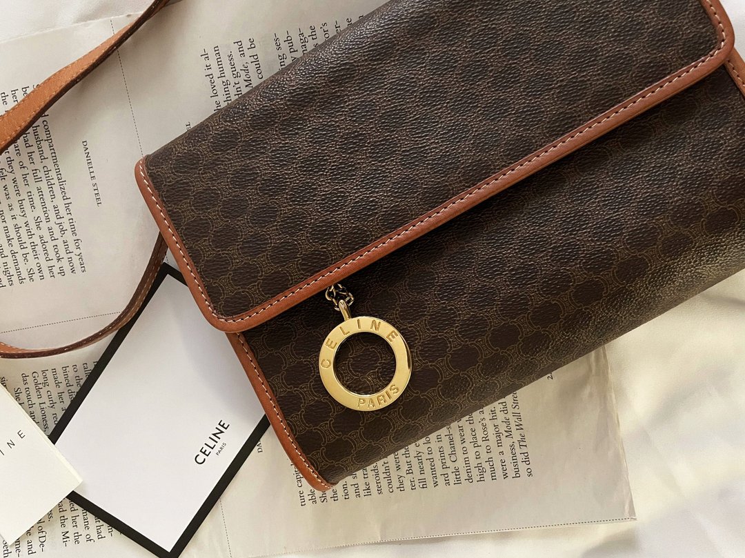 中古美品 CELINE 金环老花手拿包单肩包斜背包斜背包手拿包手提包 - 侧背包/斜挎包 - 真皮 咖啡色