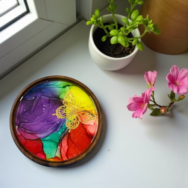 酒精墨水艺术优质胡桃木杯垫 - 蝴蝶 (H) - 摆饰 - 其他材质 多色