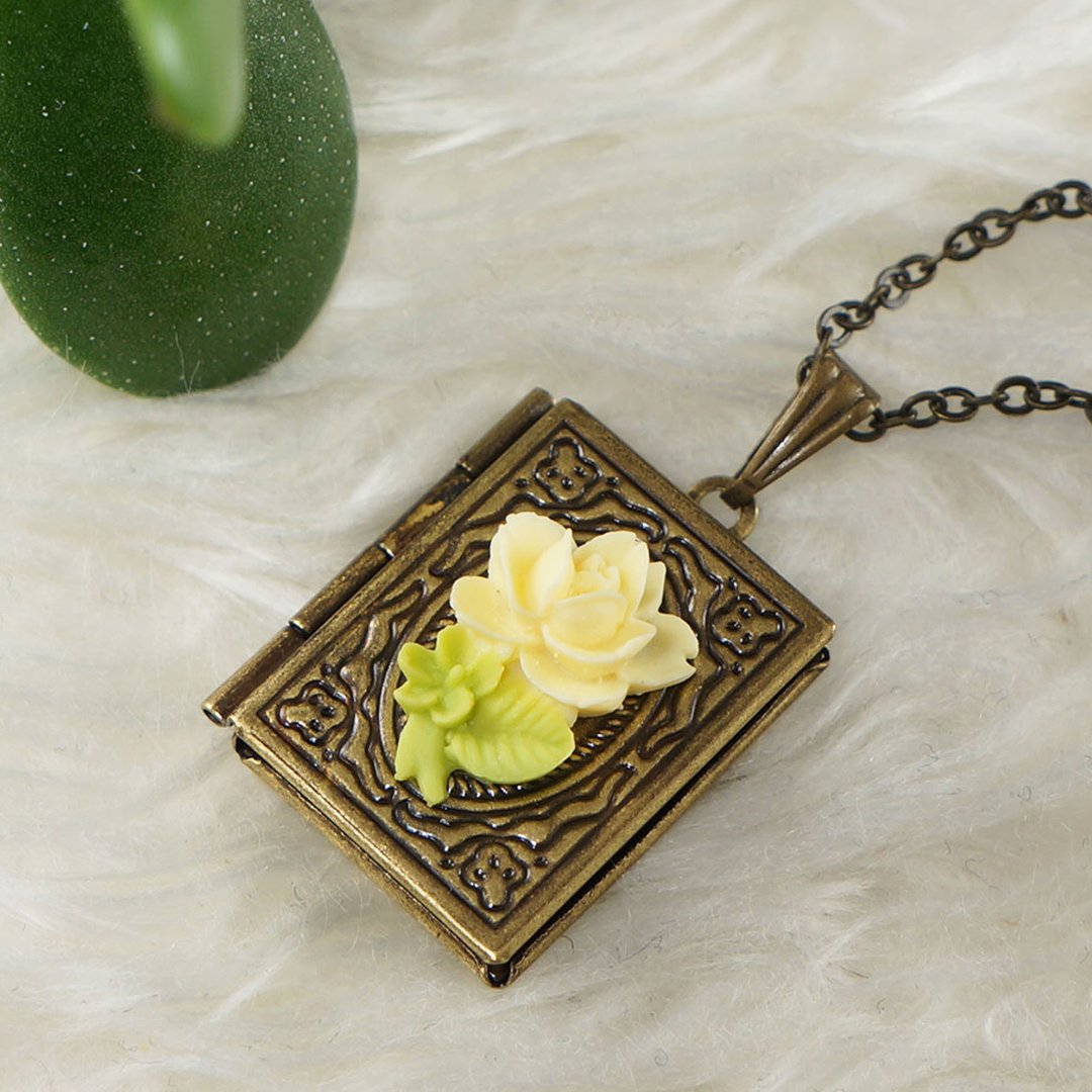 Yellow Tea Rose Cameo Brass Book Photo Locket Flower Pendant Necklace Jewelry - 项链 - 其他材质 黄色