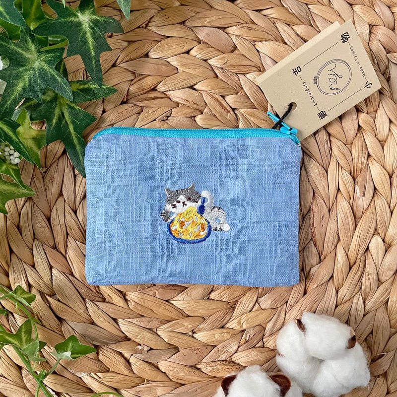 娜吉小物。小吃猫咪系列零钱包－灰猫小玉与芒果冰 - 零钱包 - 棉．麻 蓝色
