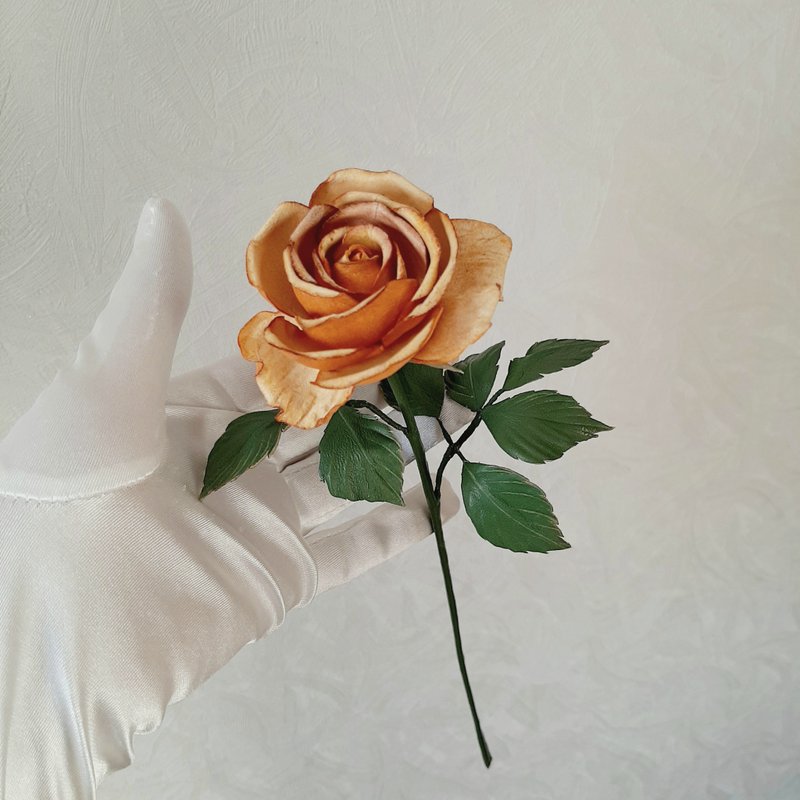 皮革玫瑰長莖 Yellow leather rose long stem 3rd anniversary gift for her, 3rd weddind - 墙贴/壁贴 - 真皮 黄色