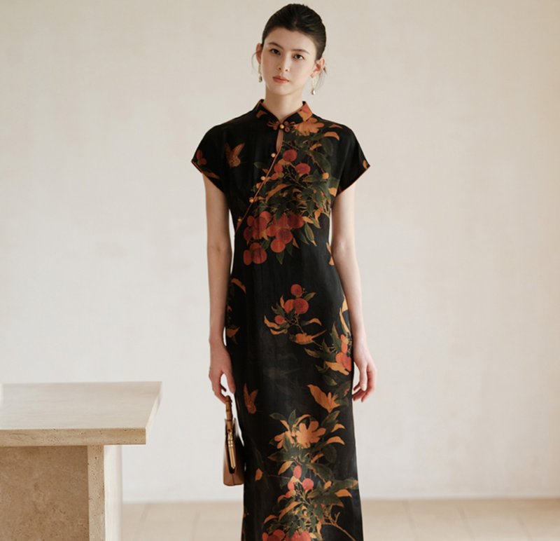 【墨荔】新中式复古中国风 矜贵典雅香云纱旗袍 - 旗袍 - 丝．绢 黑色