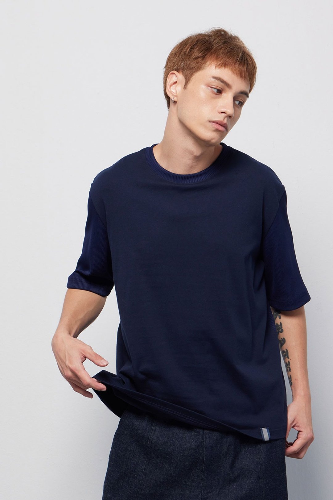 Stone as_ Stitching color tee / 深蓝拼接对色T-shirt - 男装上衣/T 恤 - 棉 蓝色
