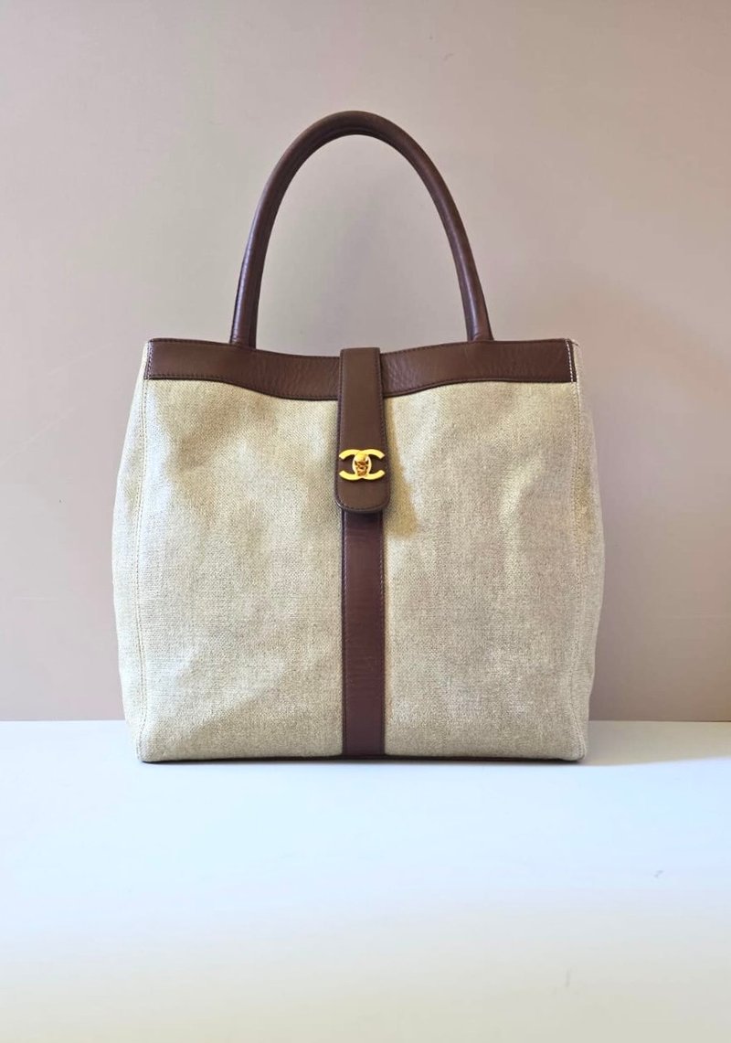 稀有中古包 Chanel米咖色拼皮托特包 单肩包 侧背包 古着包 二手 - 侧背包/斜挎包 - 真皮 咖啡色