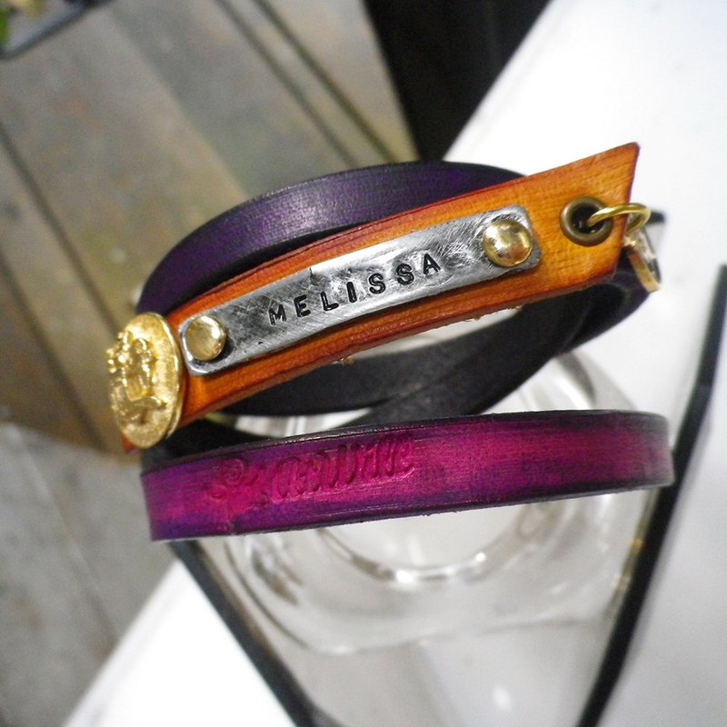 atwill。手工刷色英伦钉扣牛革三层刻字牛皮手环02/渐层桃红金 - 手链/手环 - 真皮 粉红色